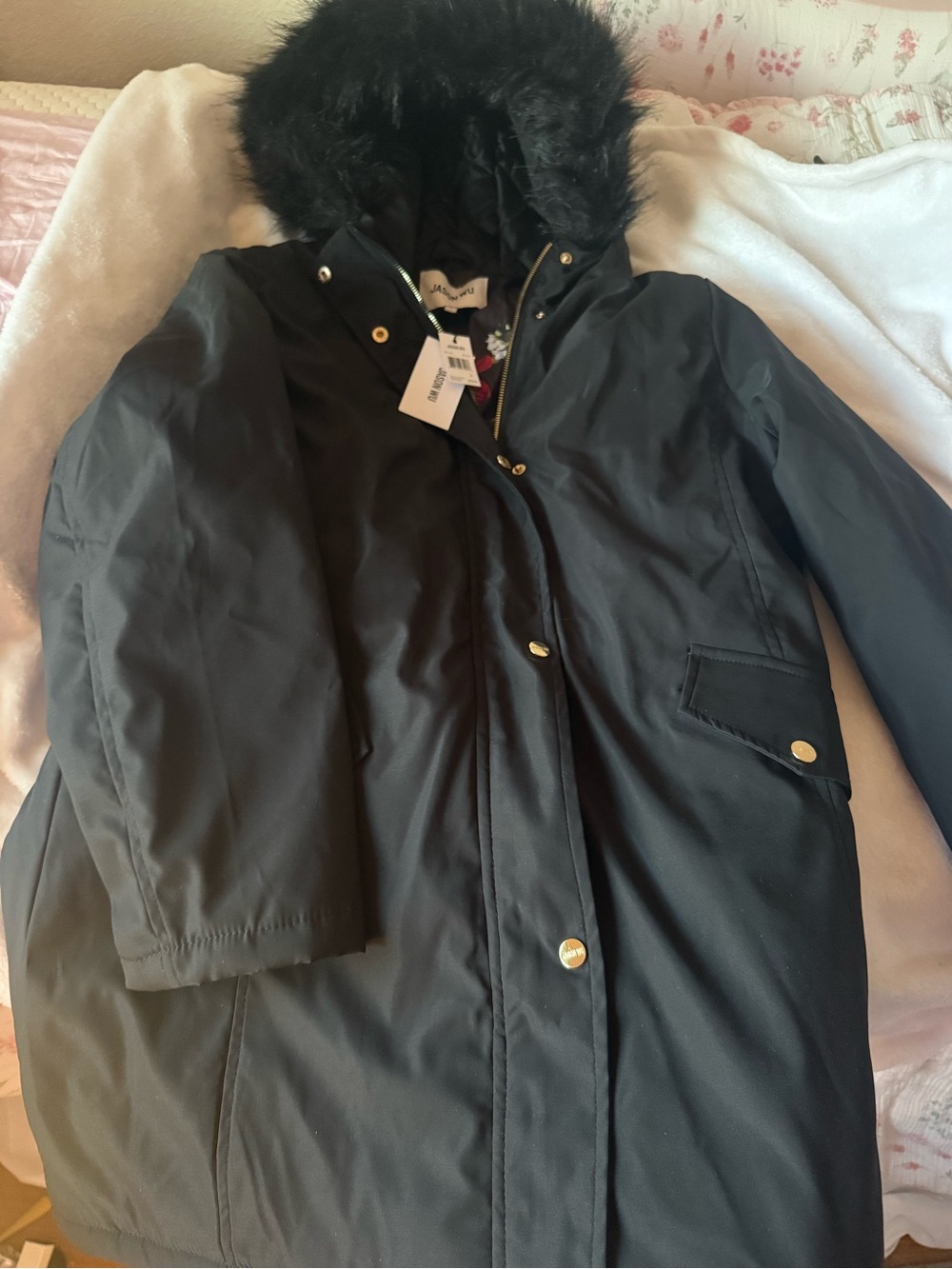 Jason Wu Black Hooded Puffer Coat with Faux Fur Trim